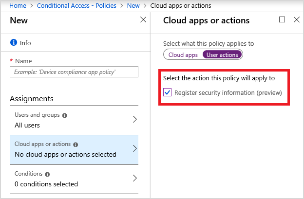 Conditional access for the Azure AD combined MFA and password reset registration experience