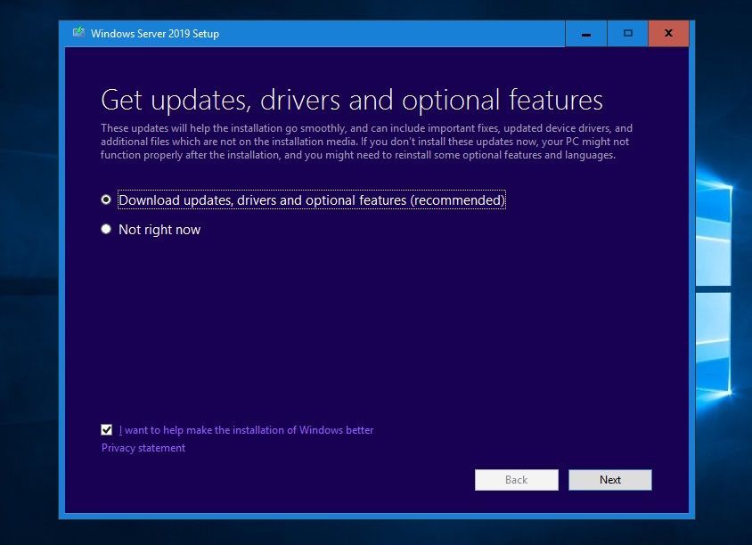 Programme d'installation de la mise à jour de Windows Server 2019