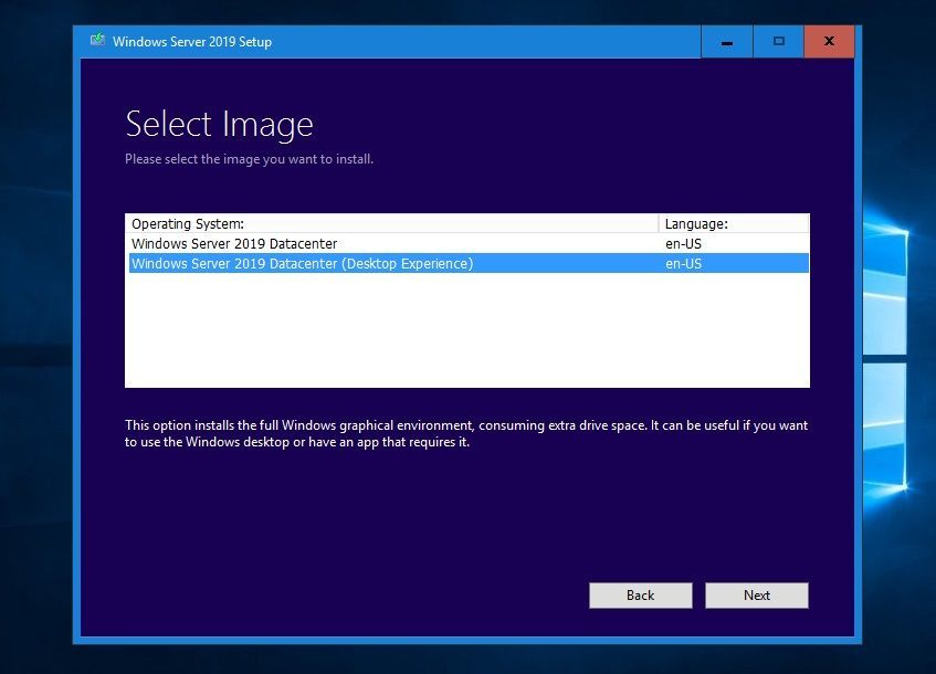 Windows Server 2019 sélectionnez l'édition d'image