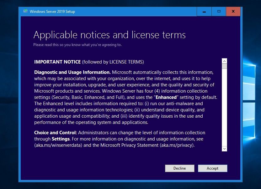 Termes du contrat de licence Windows Server 2019