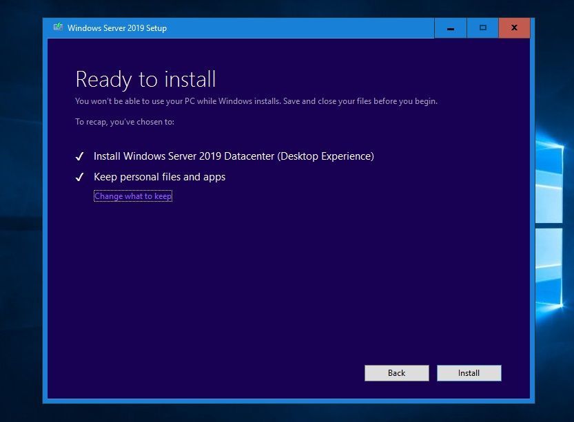 Installation de la mise à niveau sur place de Windows Server 2019