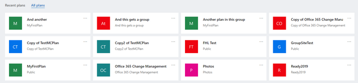 Screenshot of the All plans section of Planner - showing several plans, some with different plan names and group names