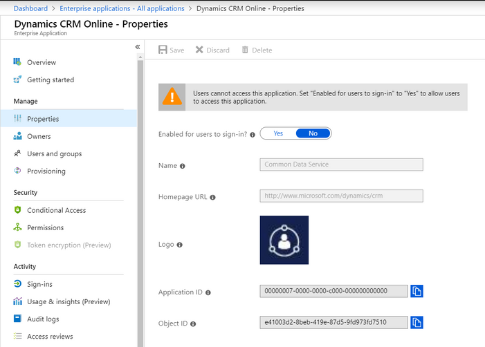 Screenshot of the Dynamics CRM Online Enterprise Application Properties page - showing enabled for users to sign in is set to No