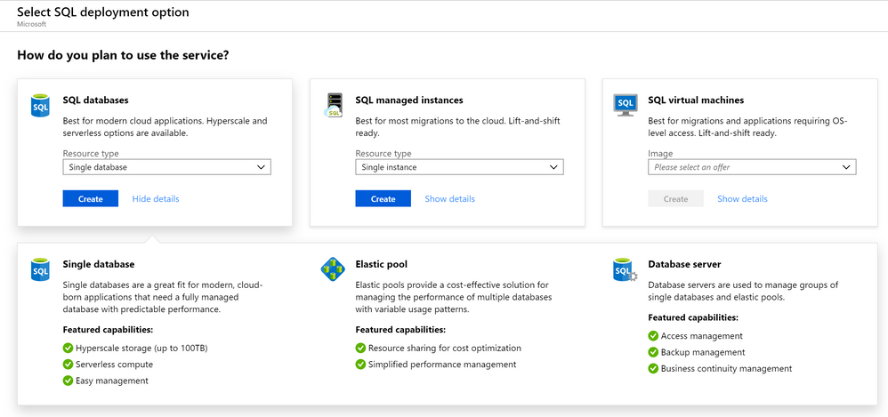 New guided experience for creating SQL Azure resources in the Azure Portal