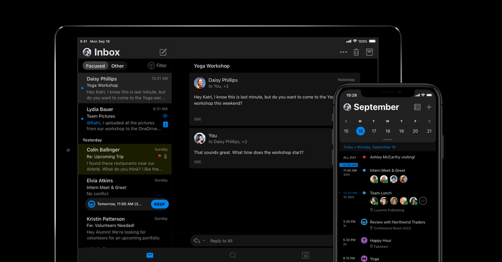 Microsoft Outlook with Dark Mode on iPhone & iPad