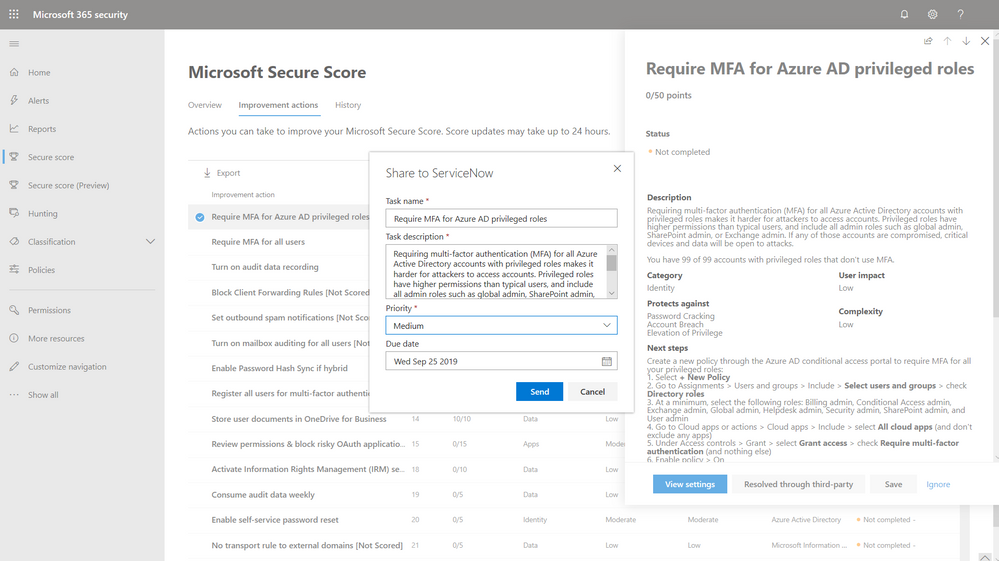 2019 - Microsoft 365 Security Center - Collaboration - Blog - Vibranium - Image 04 - ServiceNow Selected.PNG