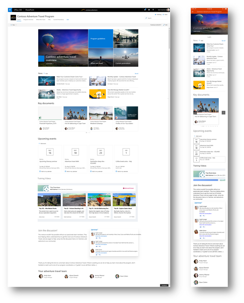 A communication site shown in a desktop Web browser (left) and in the SharePoint mobile app (right). Features include a consistent logo, top navigation, page layouts, and new web parts: Hero, News, Events, Microsoft Stream, Yammer, and People (with more to come).