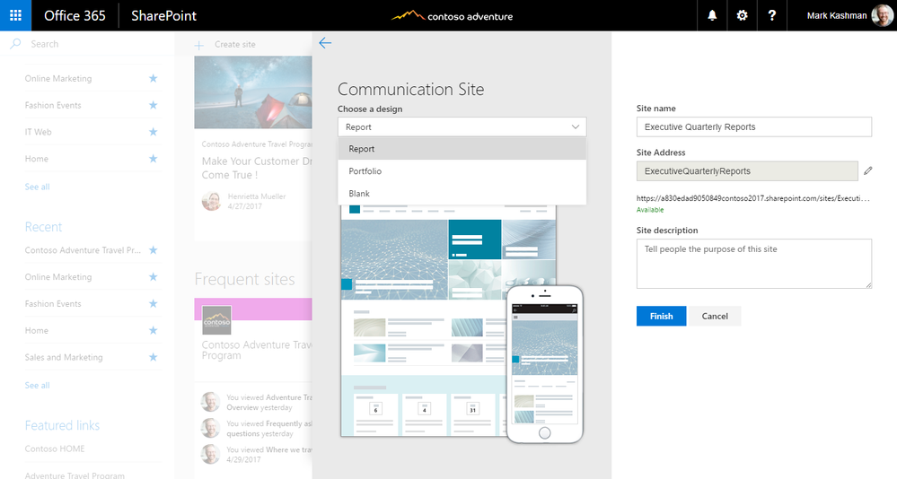 When you create a communication site from SharePoint home in Office 365, you can choose from several site templates.