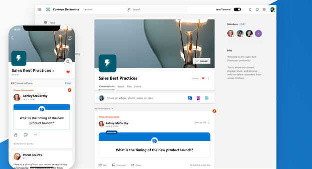 Fluent Design is apparent in the clean, new look for Yammer