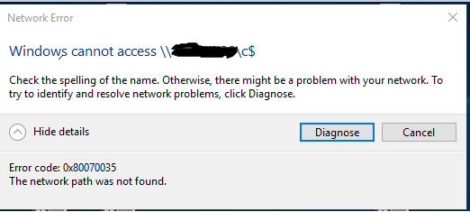 Can't connect to Windows Share - Error code: 0x80070035. The network path was not found.