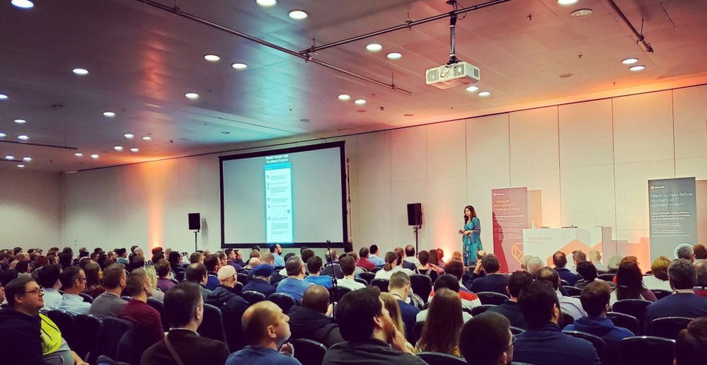 Microsoft speaker Dona Sarkar speaks to a packed audience at Microsoft Ignite The Tour London