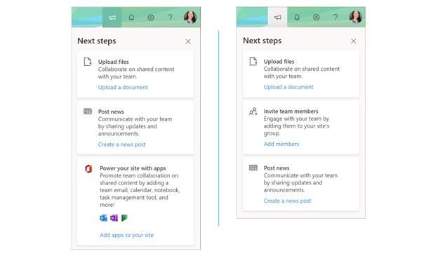 Left-to-right: “Next steps” showing from a classic team site and “Next steps” showing from a group-connected team site. Simply click on the megaphone icon to bring up "Next steps" tips from the Office 365 suite header at the top of the SharePoint site.