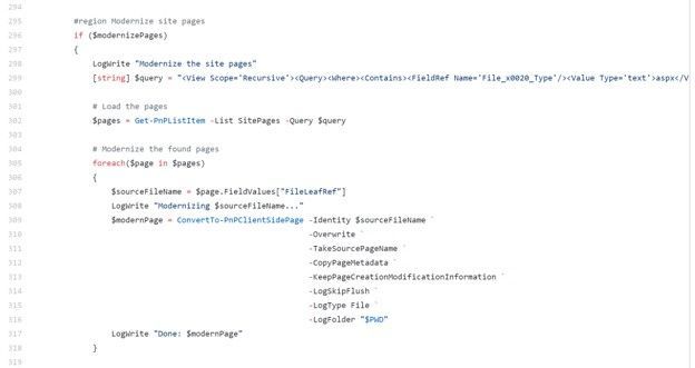Section of the sample PowerShell script to modernize SharePoint pages.