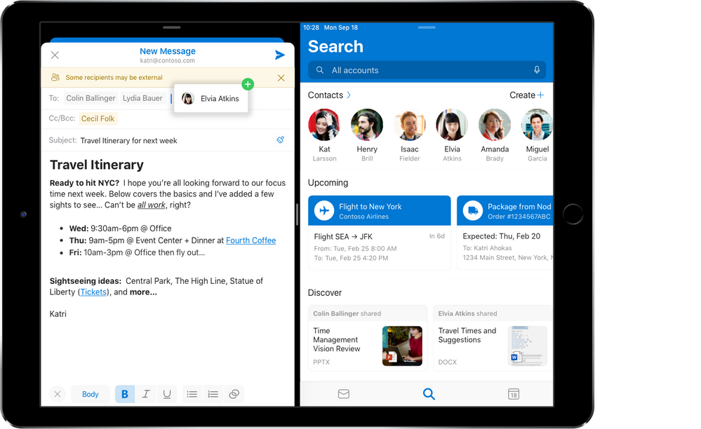 Outlook for iOS rich formatting tools. iPad split view with drag and drop contacts from Search.