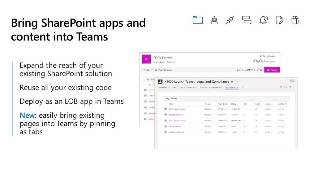 Slide screenshot: "Bring SharePoint apps and content into Teams” from #MSIgnite19/#MDEV30 by Mike Ammerlaan.
