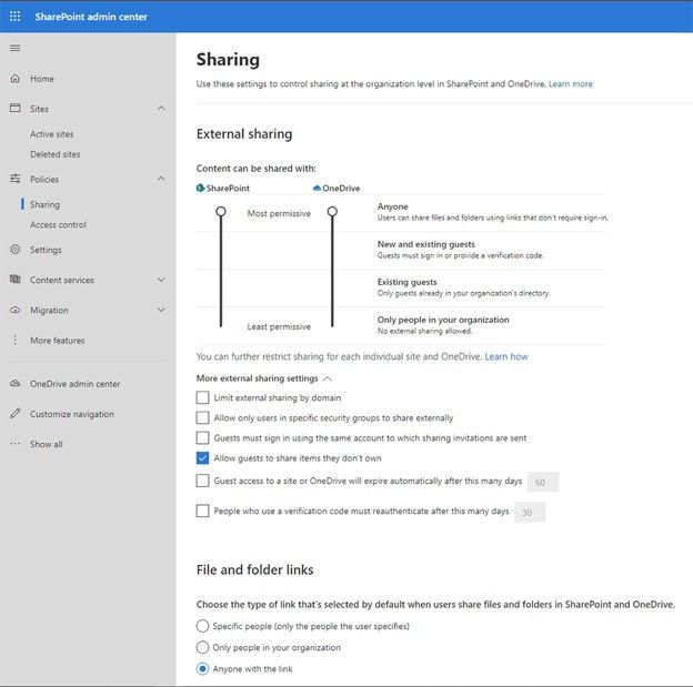 The full-featured Sharing administration page now appears within the new SharePoint admin center.
