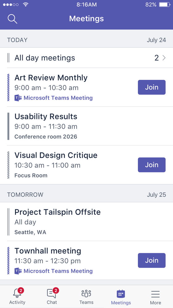 Quickly look at upcoming meetings and join with one touch