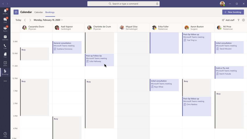 Bookings calendar is available right within Teams as an additional calendar tab