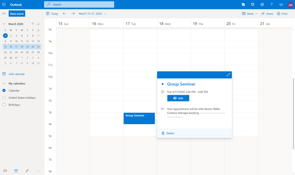 People who booked through Bookings can join the appointment directly from their calendar if they have Skype or Teams