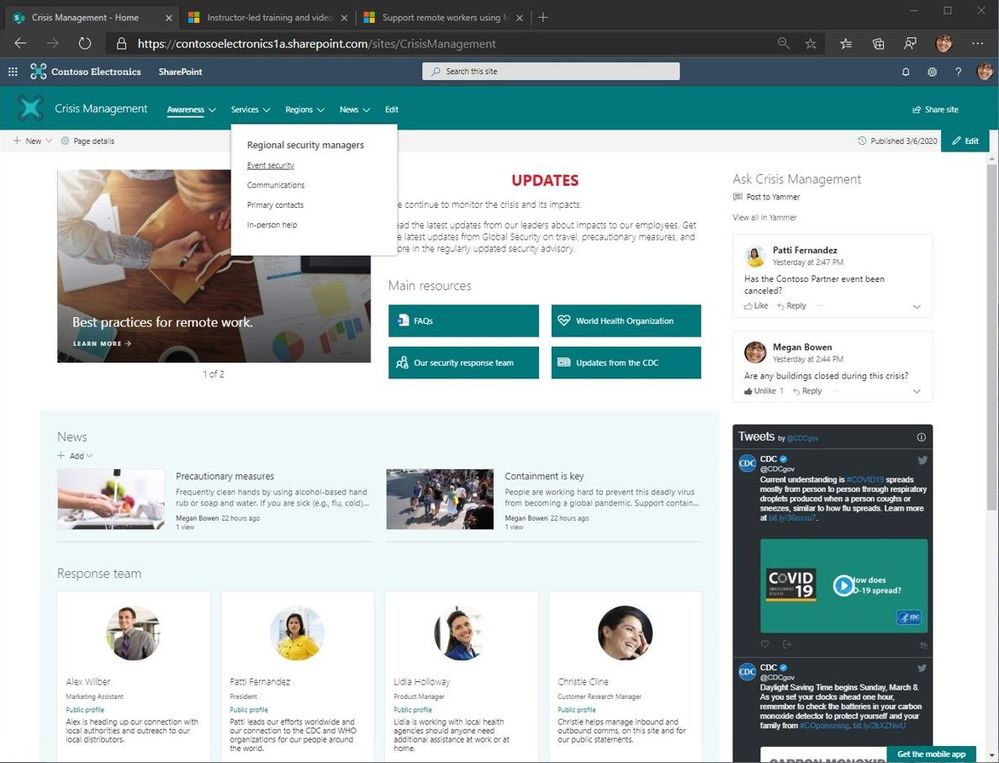 “Crisis Management” SharePoint communication site with top navigation and seven web parts laid out to provide access to people and information from inside and outside the organization.