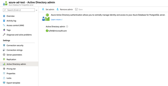 Azure Portal: Configure Azure Active Directory administrator for your Azure Database for PostgreSQL server