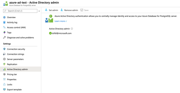 Screenshot of Azure Portal, with Azure Active Directory administrator blade showing for an Azure Database for PostgreSQL server.