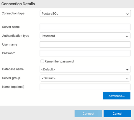 Screenshot of Azure Data Studio connection dialog for Postgres (initial screen, with authentication type Password selected)