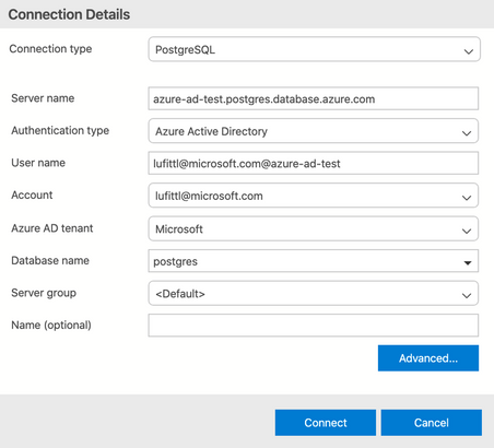 Screenshot of Azure Data Studio connection screen for Postgres, with Azure Active Directory authentication type selected.