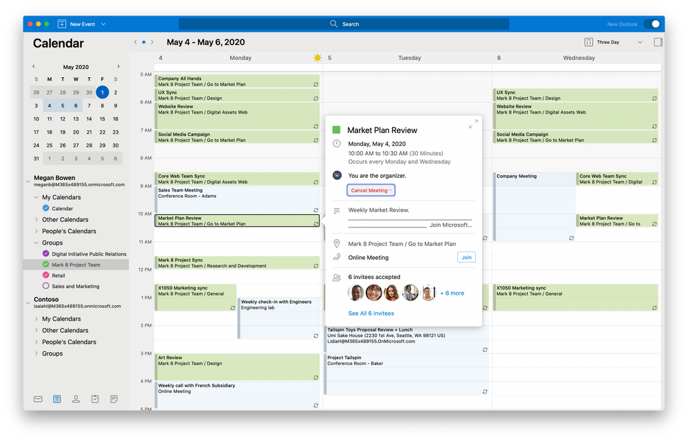 Updates to the calendar gives you extra flexibility with a 3-day view and grouped sidebar navigation.