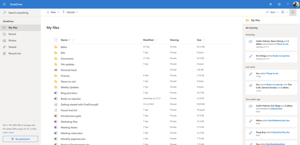 Activity feed page on OneDrive Web