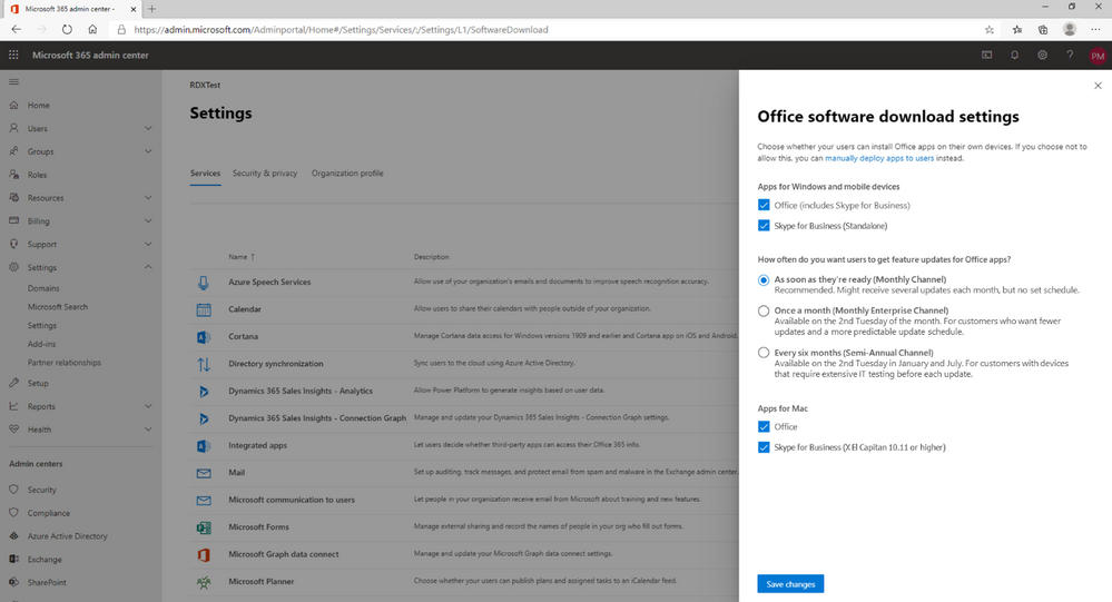 Microsoft 365 admin center experience for setting up Monthly Enterprise Channel (new channel names will appear on June 9th).