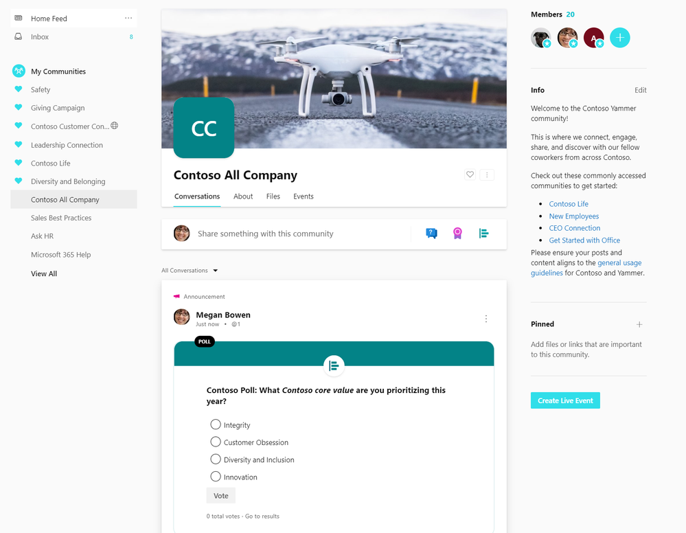 Use the All Company to share announcements and gather feedback from the entire organization