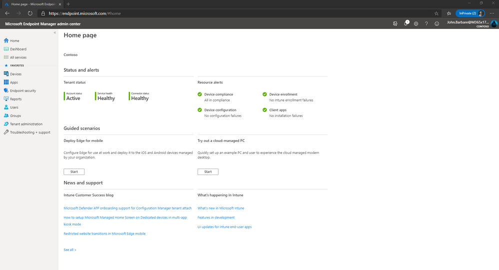 Home page of Microsoft Endpoint Manager