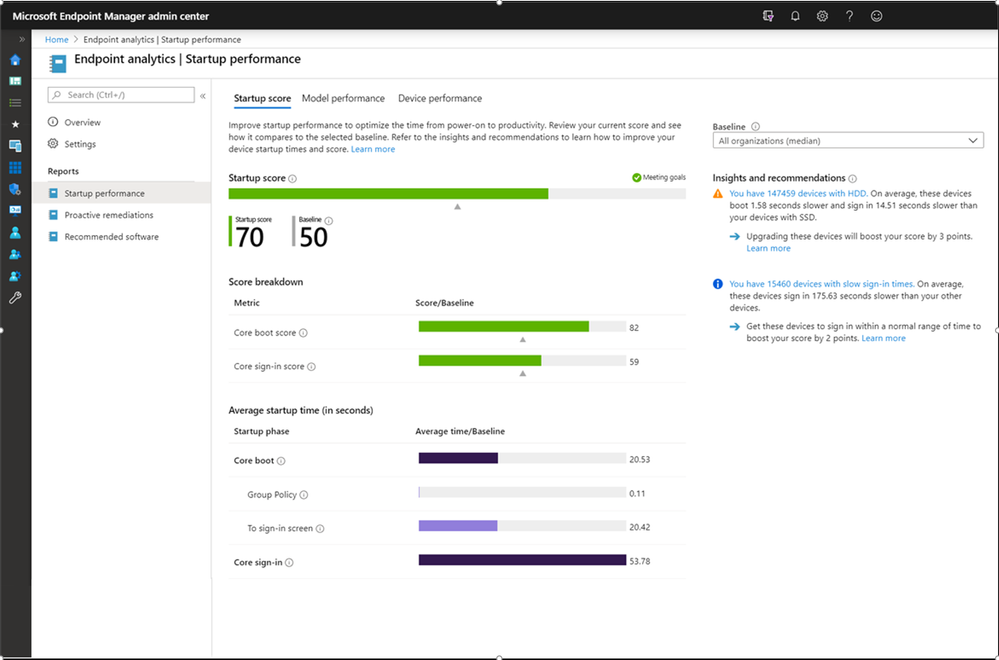 Endpoint Analytics Startup Performance screen