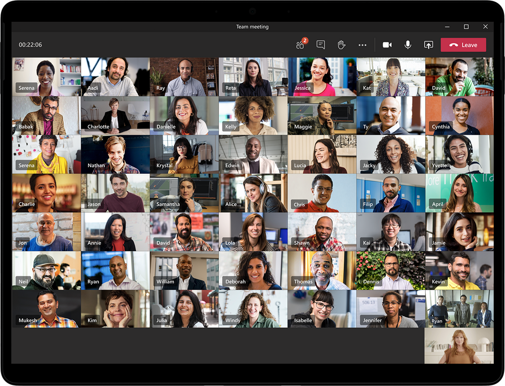 Large gallery view in Microsoft Teams meetings showing 49 participants at once on a single screen.