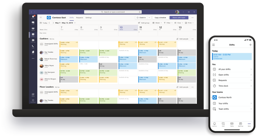 Shifts calendar view on desktop (left) and Shifts daily view for mobile (right).