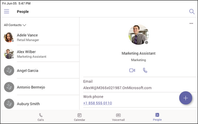 The People app on Microsoft Teams phones shows contacts in an organized way.