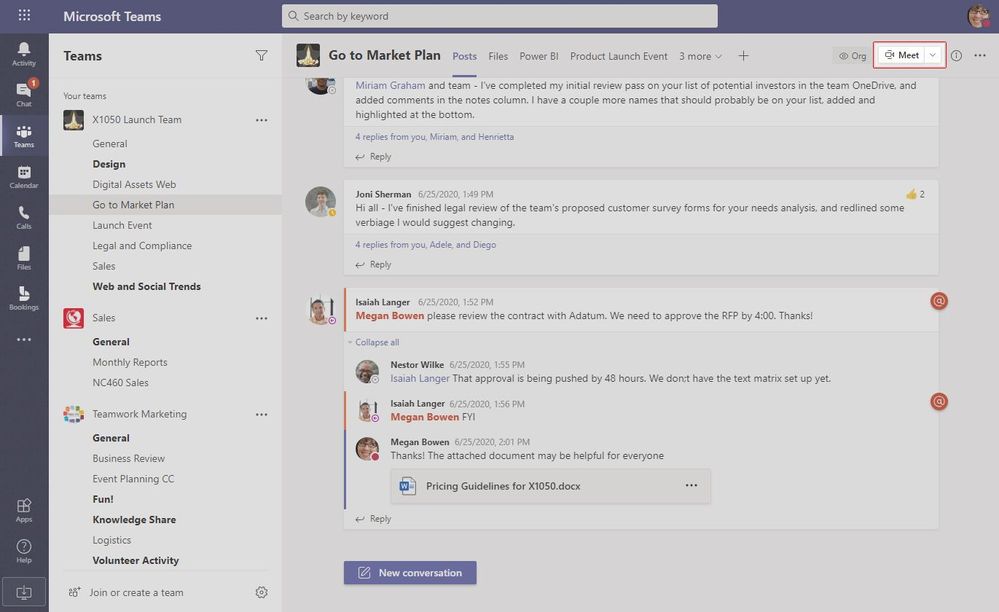 Meet Now buttons can now be found on the right side of a Channel header in Microsoft Teams.