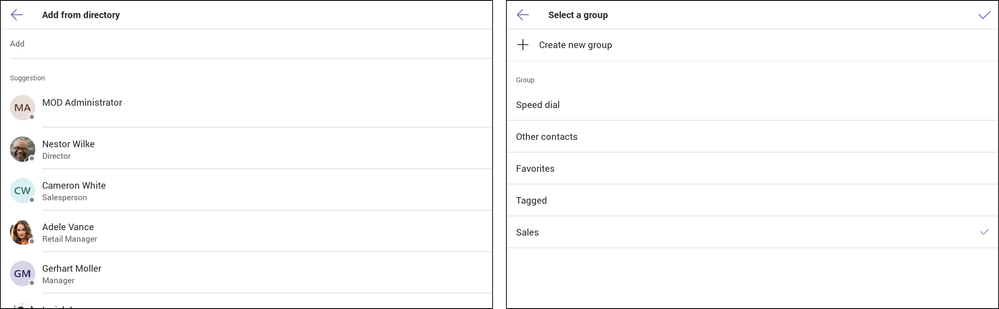 Add from directory (left) and Add to contact group (right)