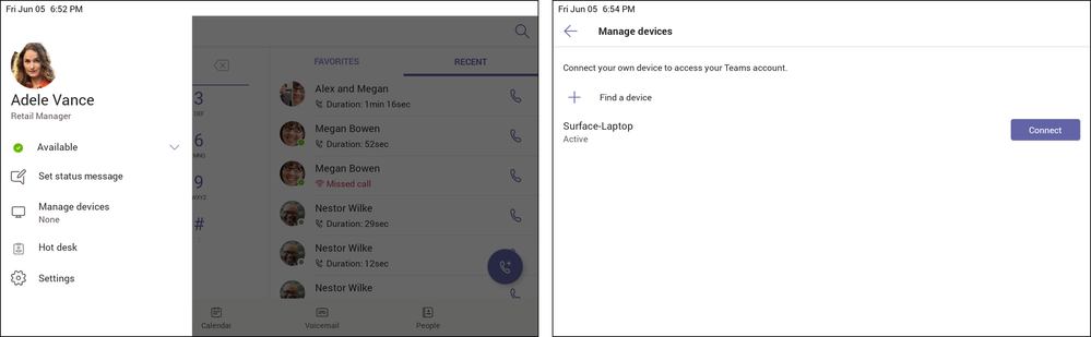 1. Go to Manage devices on your Teams phone (left).  2.	Click Find a device and Connect to setup with your nearby Teams Windows Desktop client (right).