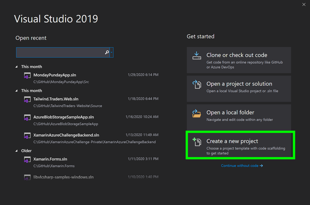 Visual Studio, Create New Project