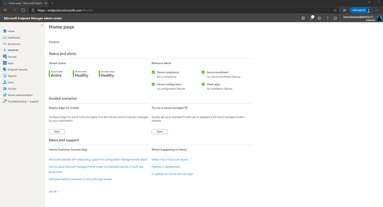 Home page of Microsoft Endpoint Manager