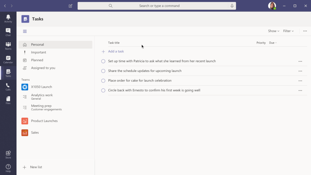Tasks in Teams provide consolidated view of your To Do and Planner tasks