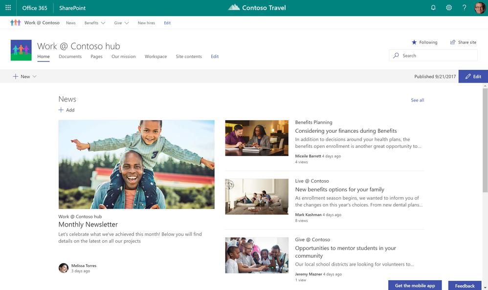 SharePoint hub sites bring together team sites and communication sites together into more centralized locations within your intranet.