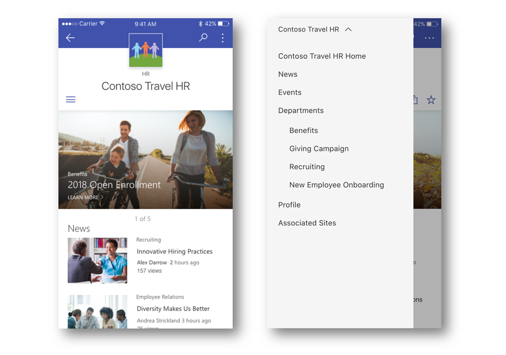 SharePoint hub sites and their associated sites are easy to access and navigate via the SharePoint mobile app.