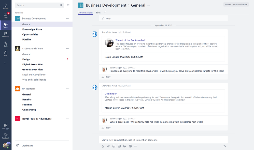 U kunt SharePoint-teamnieuws koppelen om automatisch nieuwe chatthreads per nieuwsitem te starten elke keer dat er een wordt aangemaakt op SharePoint-teamsites.