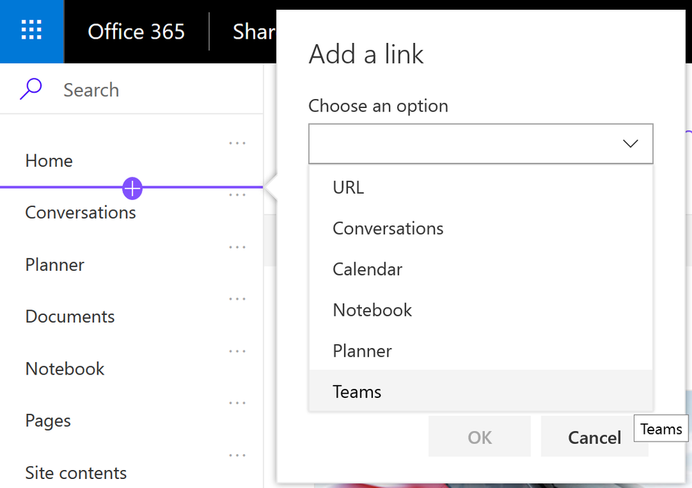 Voeg snel linkse navigatie-items toe die rechtstreeks linken naar verbonden Office 365-groep-apps.