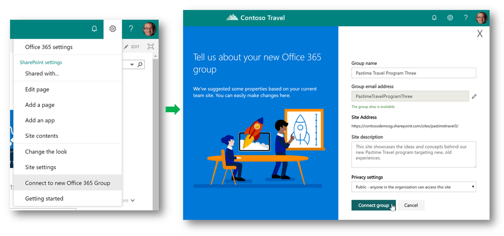 Site-eigenaren kunnen bestaande teamsites verbinden met nieuwe Office 365-groepen.