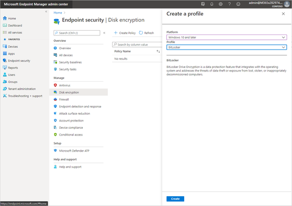 creating a new Microsoft BitLocker policy in Microsoft Endpoint Manager