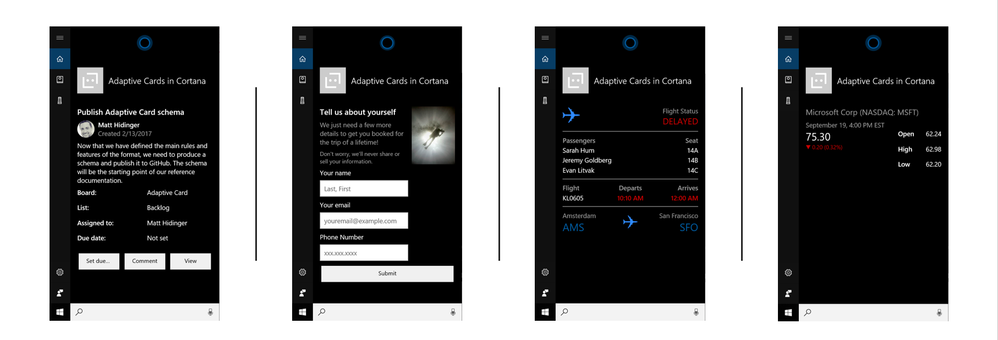 Adaptive Card samples rendered in Cortana. From left to right: Activity Update, Input Form, Flight Update and Stock Update.